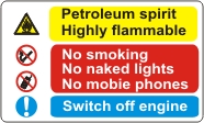 Petroleum spirit highly flammable lNo smoking or naked lights etc.