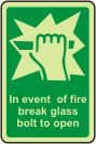In event of fire break glass bolt to open